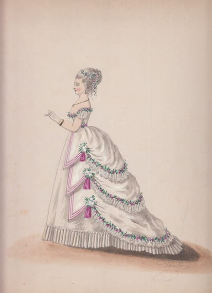 Aquarelle Originale gouach&eacute;e costume  Femme Mode  sign&eacute;e Paulin. collection Guillaume APOLLINAIRE