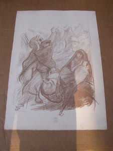 Femmes arabes à la fontaine - lithographie originale en bistre,à la sanguine.