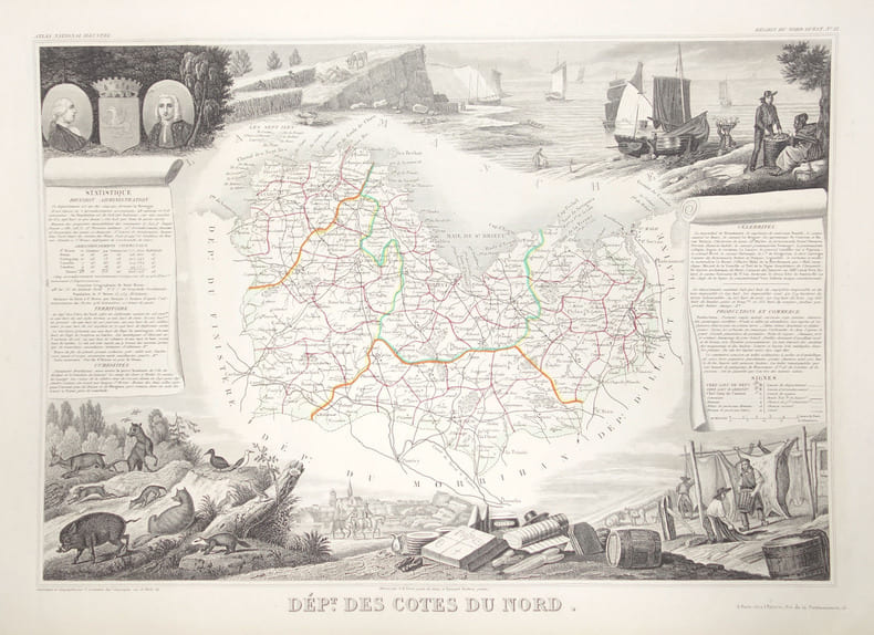 Cotes du nord,Carte  : DEPARTEMENT DE C&ocirc;tes d'Armor, anciennement C&ocirc;tes du Nord,. LEVASSEUR V.