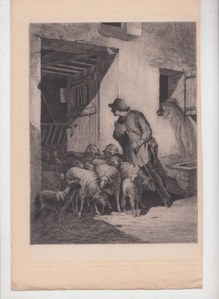  La Sortie du Troupeau eau-forte . Jacque Charles Emile (1813 - 1894)