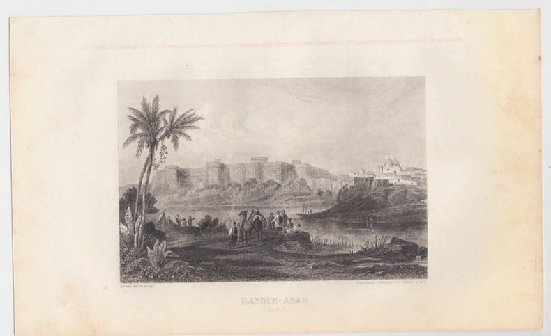 Hayder-Abad,capitale du T&eacute;langana au sud de l'Inde INDE- Dessin&eacute;e et grav&eacute;e par Dureau. - Eau forte 15 x 11,5 cm, bon &eacute;tat, . Dureau. 