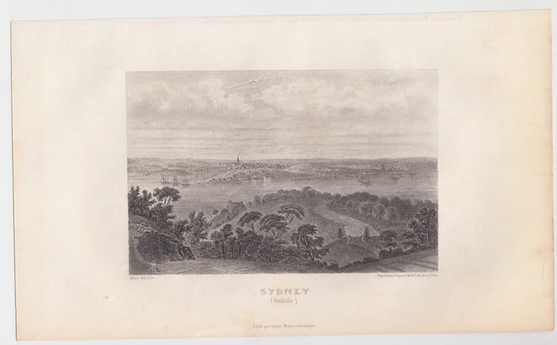 Vue Ville de Sydney en Australie - Gravure ancienne -  Eau forte Gravure originale en taille-douce sur acier dessin&eacute;e par Aubert, grav&eacute;e par Aubert. . ...