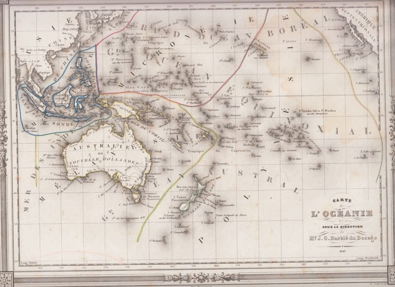 Oceania MAP 1843 Carte de l'Oceanie [from Atlas B. du B, Plate 25],colori&eacute;e en partie. BARBIE DU BOCAGE J.G.VUILLEMIN. CHARLE. LEVASSEUR. DUVOTENAY.D 