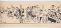 course cycliste planche dessin original à l'encre noire - bande dessinée signée en 3 cases,caricature. SCHREINER J.