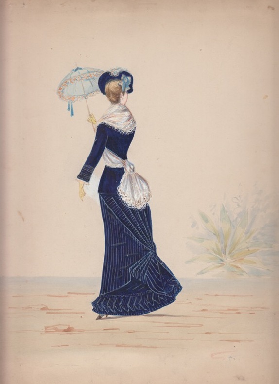 Aquarelle Originale gouachée costume Femme à l'ombrelle Mode N°11879. collection Guillaume APOLLINAIRE