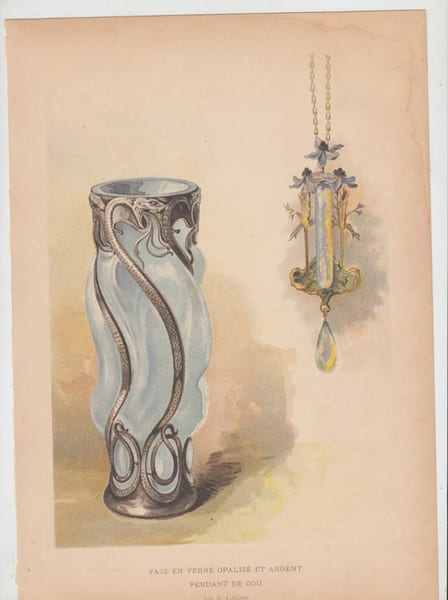 Vase Verre Opalise Argent Bijoux Gravure Art Nouveau Lithographie 1898 chromolithographie. Lalique