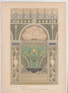 Decoration d'une salle de restaurant - Conception pour une décoration murale avec Peacock, grues, et des tournesols pour le restaurant dans l'hôtel Langham (Paris). chromolithographie ART NOUVEAU