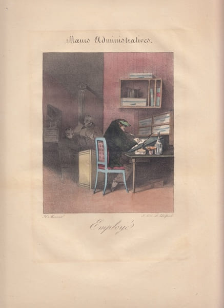 lithographie L'EMPLOYE - MOEURS ADMINISTRATIVES - Lithographie originale rehauss&eacute;e en couleurs &agrave; la main, . MONNIER, Henry (1799-1877).