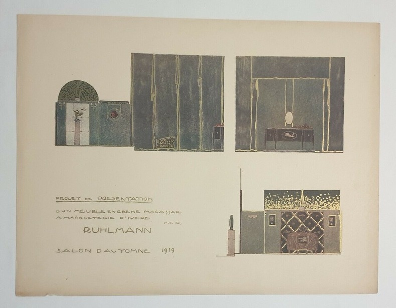 Projet de presentation d'un meuble en ebene macassar a marqueterie d'ivoire - salon d'automne 1919. RUHLMANN 