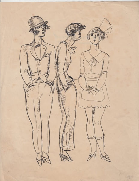 dessin de mode &agrave; la plume : 3 jeunes femmes. Anonyme