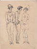 dessin de mode à la plume : 3 jeunes femmes. Anonyme