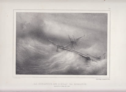 LA GOELETTE DE L'ETAT LA MESANGE recevant un coup de mer - Lithographie originale -Etudes de marine 6