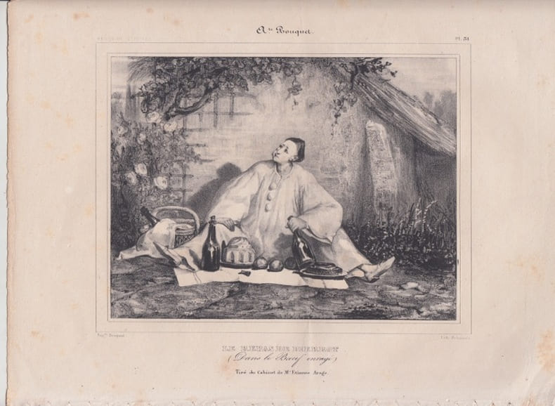 LE REPAS DE PIERROT - Lithographie originale. REVUE DES PEINTRES- A.BOUQUET