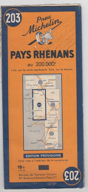 CARTE MICHELIN PAYS RHENANS N°203 au 200.000ème 1945. Edition provisoire. . MICHELIN