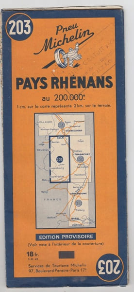 CARTE MICHELIN PAYS RHENANS N&deg;203 au 200.000&egrave;me 1945. Edition provisoire. . MICHELIN