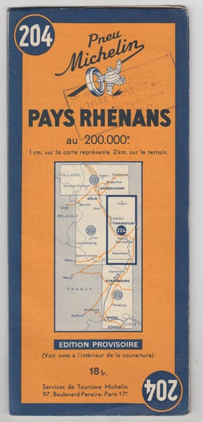 CARTE MICHELIN PAYS RHENANS N&deg;204 au 200.000&egrave;me 1945. Edition provisoire. . MICHELIN