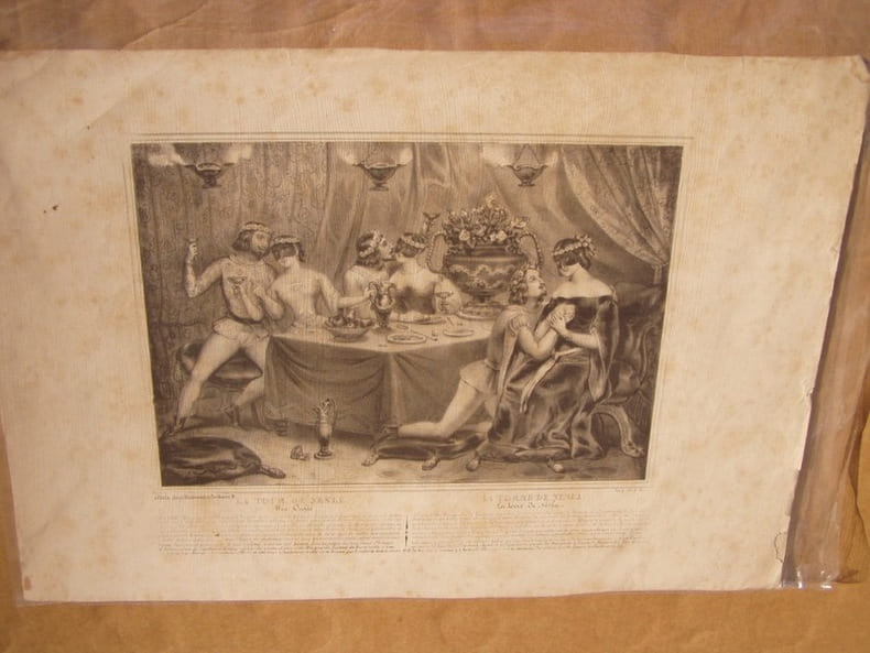 La Tour de Nesle. Une orgie. / Der Nesel Thurm, eine Orgie. / La Torre de Nesla, una Borrachera.Lithographie. B&egrave;s et Dubreuil, ...