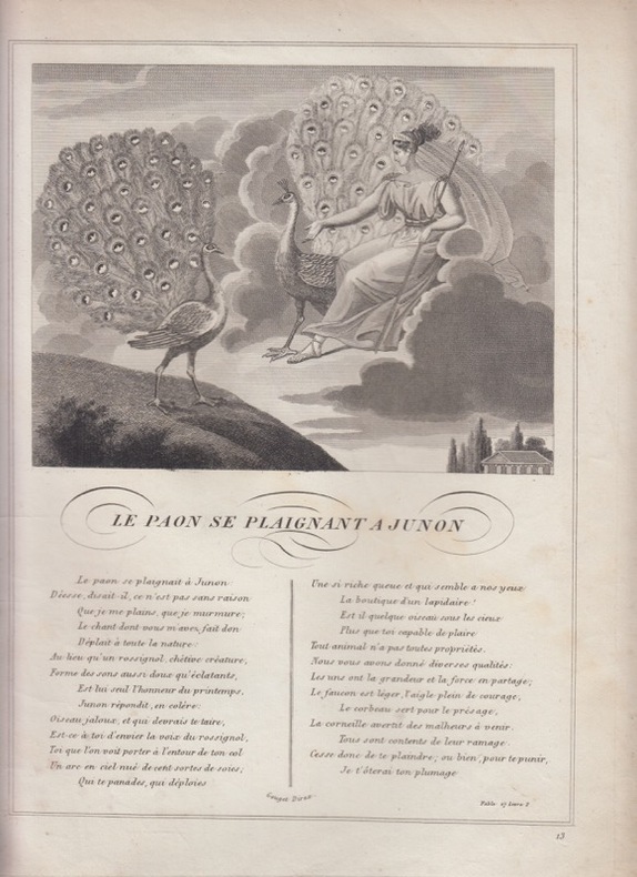 FABLE LE PAON SE PLAIGNANT A JUNON GRAVURE authentique-original print. Jean De LA FONTAINE