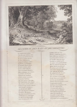 FABLE LE COMBAT DES RATS ET DES BELETTES GRAVURE authentique-original print Edition Taille Douce. Jean De LA FONTAINE