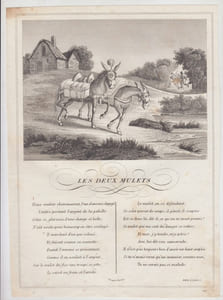 FABLE LES DEUX MULETS GRAVURE authentique-original print Edition Taille Douce
