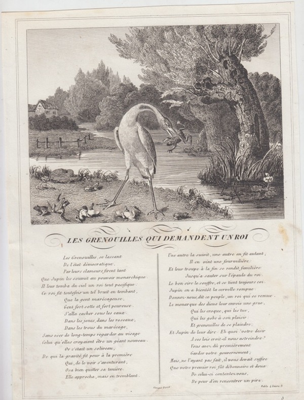 FABLE LES GRENOUILLES QUI DEMANDENT UN ROI - GRAVURE authentique-original print Edition Taille Douce. Jean De LA FONTAINE