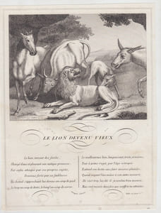 FABLE LE LION DEVENU VIEUX - GRAVURE authentique-original print Edition Taille Douce