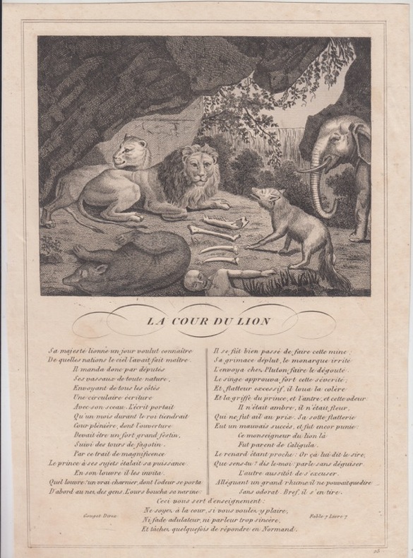 FABLE  LA COUR DU LION - GRAVURE authentique-original print Edition Taille Douce. Jean De LA FONTAINE