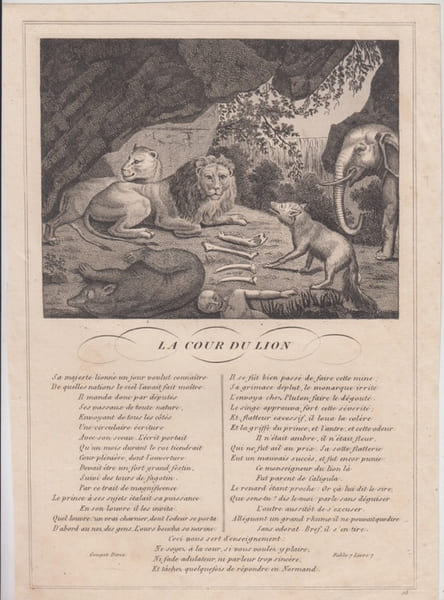 FABLE  LA COUR DU LION - GRAVURE authentique-original print Edition Taille Douce. Jean De LA FONTAINE