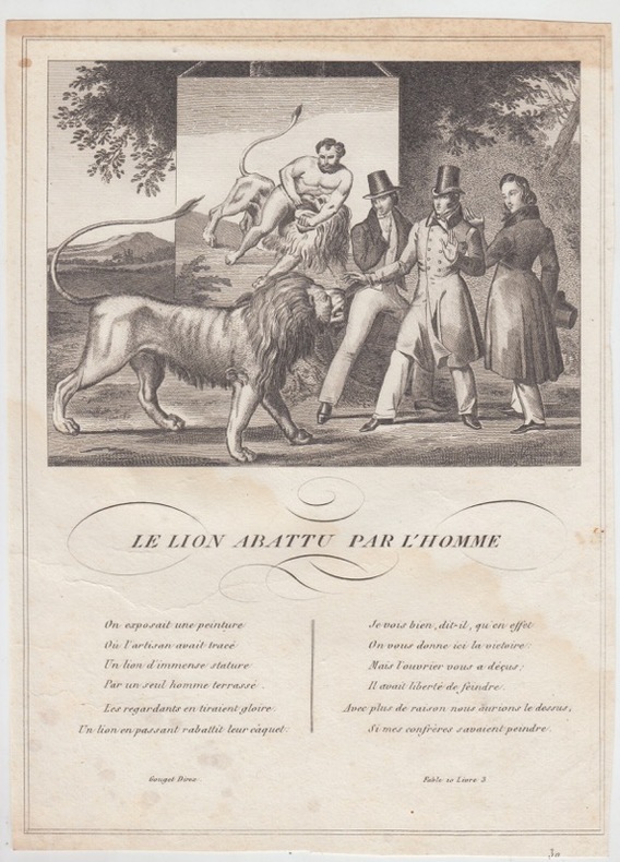 FABLE LE LION ABATTU PAR L'HOMME  - GRAVURE authentique-original print Edition Taille Douce. Jean De LA FONTAINE