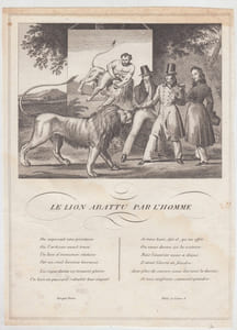 FABLE LE LION ABATTU PAR L'HOMME - GRAVURE authentique-original print Edition Taille Douce
