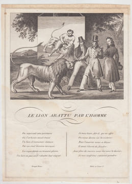 FABLE LE LION ABATTU PAR L'HOMME - GRAVURE authentique-original print Edition Taille Douce. Jean De LA FONTAINE