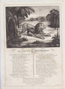 FABLE LE LION ET LE MOUCHERON - GRAVURE authentique-original print Edition Taille Douce. Jean De LA FONTAINE