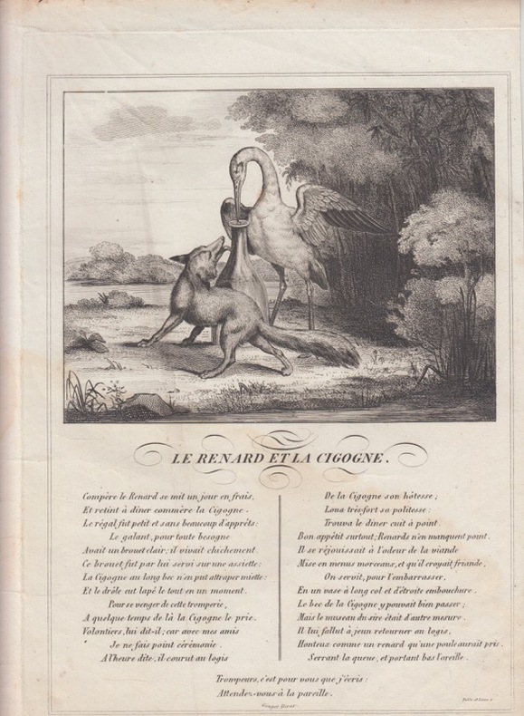 FABLE  LE RENARD ET LA CIGOGNE - GRAVURE authentique-original print Edition Taille Douce. Jean De LA FONTAINE