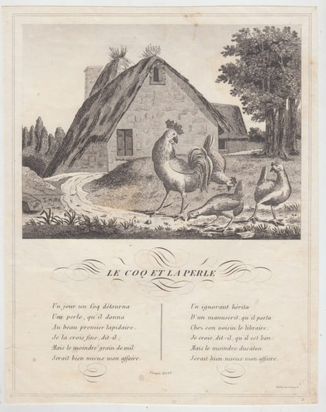 FABLE  LE COQ ET LA PERLE - GRAVURE authentique-original print Edition Taille Douce. Jean De LA FONTAINE