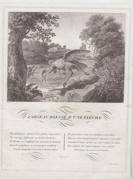 FABLE  L'OISEAU BLESSE D'UNE FLECHE - GRAVURE authentique-original print Edition Taille Douce. Jean De LA FONTAINE