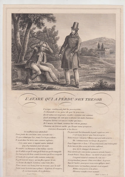FABLE L' AVARE QUI A PERDU SON TRESOR  - GRAVURE authentique-original print Edition Taille Douce. Jean De LA FONTAINE