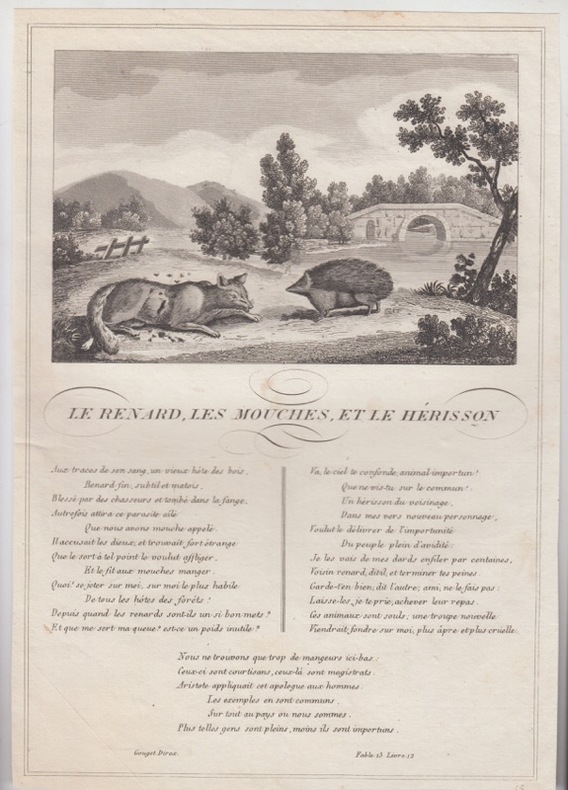 FABLE LE RENARD LES MOUCHES ET LE HERISSON   - GRAVURE authentique-original print Edition Taille Douce. Jean De LA FONTAINE
