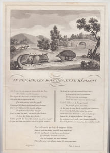 FABLE LE RENARD LES MOUCHES ET LE HERISSON - GRAVURE authentique-original print Edition Taille Douce