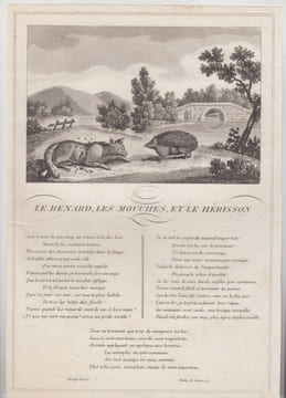 FABLE LE RENARD LES MOUCHES ET LE HERISSON - GRAVURE authentique-original print Edition Taille Douce. Jean De LA FONTAINE