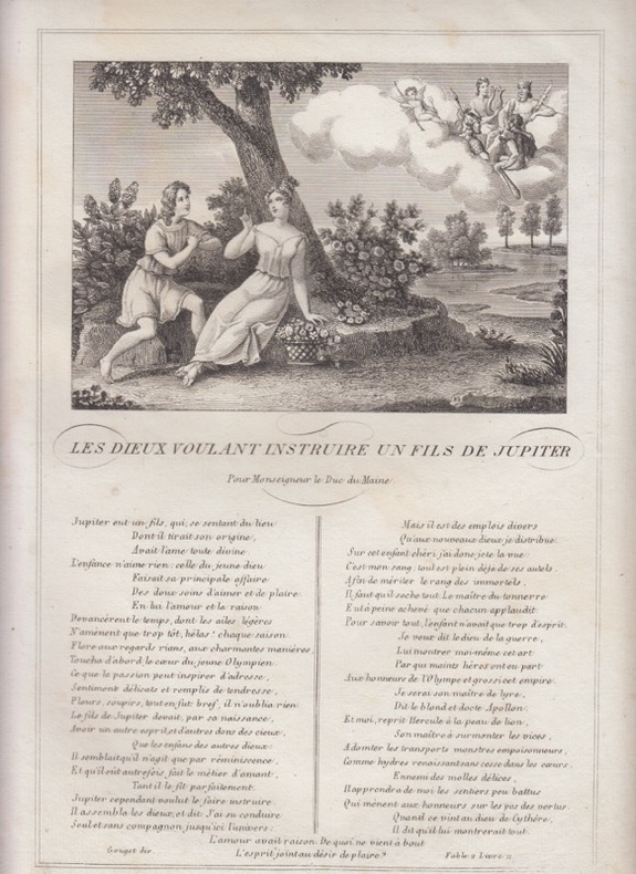 FABLE LES DIEUX VOULANT INSTRUIRE UN FILS DE JUPITER   - GRAVURE authentique-original print Edition Taille Douce. Jean De LA FONTAINE