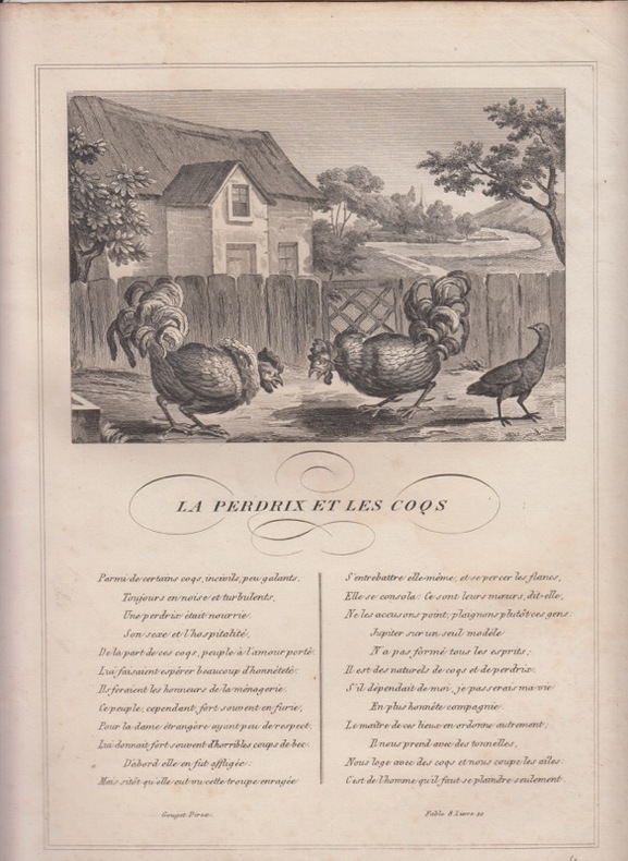 FABLE  LA PERDRIX ET LES COQS  - GRAVURE authentique-original print Edition Taille Douce. Jean De LA FONTAINE