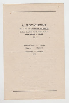 Catalogue exposition Galerie d'Art du PETIT MERIDIONAL -Nimes. Albert Eloy-Vincent.