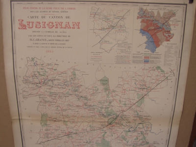Carte du canton de LUSIGNAN dressé à l'échelle de 1/40 000, par M. C. Grange, agent-voyer en chef du département, extrait de l' Atlas général de la Vienne publié par L. Chanche,d'après la minute du Dépôt de la Guerre, corrigée et mise à jour par le service vicinal de la Vienne.