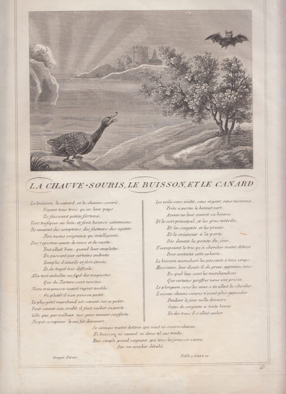 FABLE  LA CHAUVE -SOURIS ,LE BUSSON et LE CANARD - GRAVURE authentique-original print Edition Taille Douce. Jean De LA FONTAINE