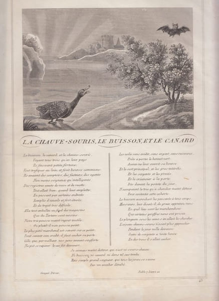 FABLE  LA CHAUVE -SOURIS ,LE BUSSON et LE CANARD - GRAVURE authentique-original print Edition Taille Douce. Jean De LA FONTAINE