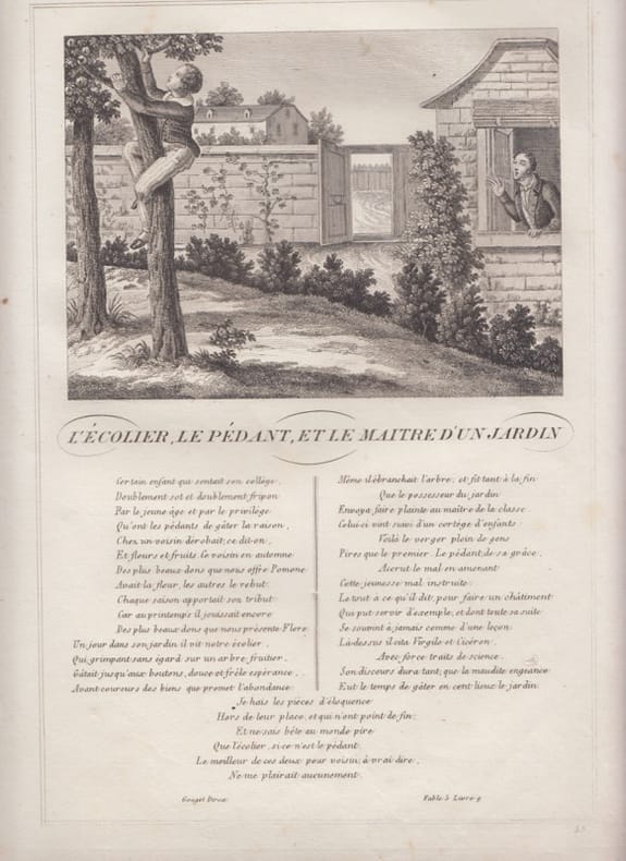 FABLE  L'ECOLIERE ,LE PEDANT,et LE MAITRE D'UN JARDIN - GRAVURE authentique-original print Edition Taille Douce. Jean De LA FONTAINE