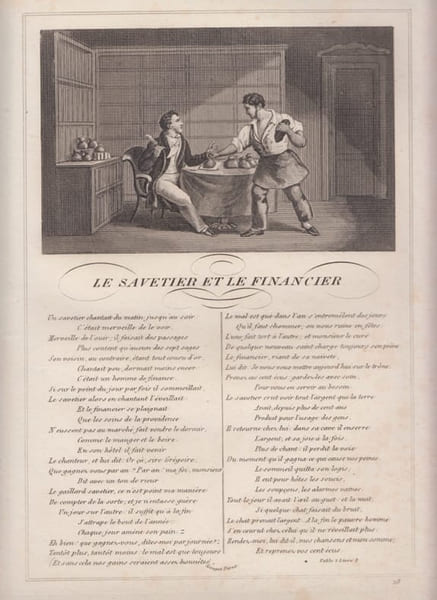 FABLE LE SAVATIER ET LE FINANCIER - GRAVURE authentique-original print Edition Taille Douce. Jean De LA FONTAINE