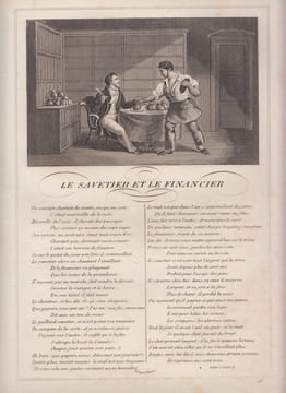 FABLE LE SAVATIER ET LE FINANCIER - GRAVURE authentique-original print Edition Taille Douce. Jean De LA FONTAINE