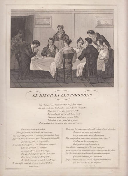 FABLE LE RIEUR ET LES POISSONS - GRAVURE authentique-original print Edition Taille Douce. Jean De LA FONTAINE