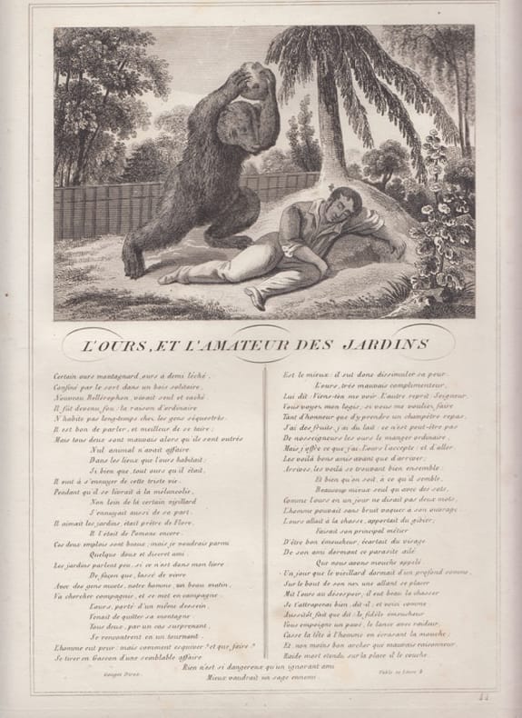 FABLE L'OURS ET L'AMATEUR DES JARDINS - GRAVURE authentique-original print Edition Taille Douce. Jean De LA FONTAINE